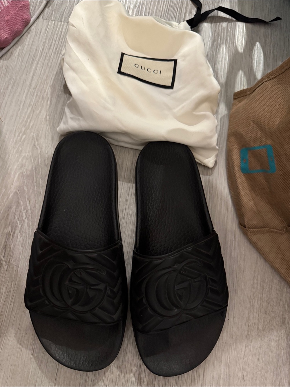 Gucci Black Embossed Interlocking G Slide Sandals